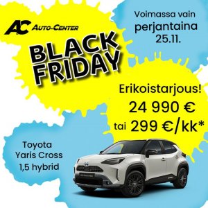 Musta viikko huipentuu Black Fridayhin! Tänään erikoistarjouksena Toyota Yaris Cross 1,5 Hybrid hintaan 24 990 € tai 299 €/kk. E...